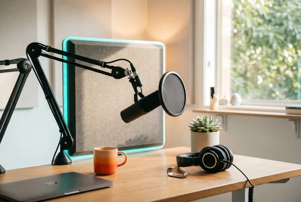 A soundwave on screen beside a microphone, representing AI-generated voiceover narration