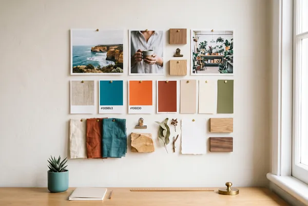 An organised grid of brand photos, logos and short video clips in a media asset library
