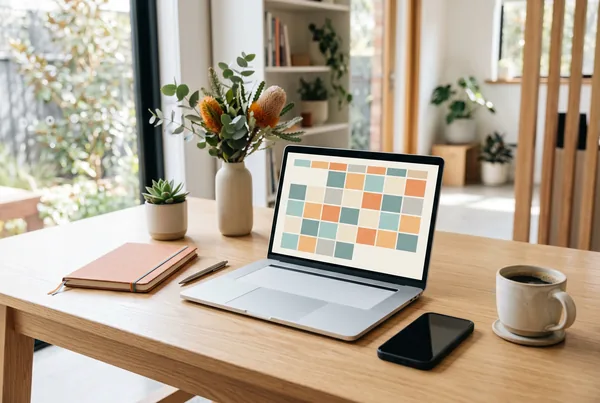 A small business owner reviewing a fortnight of scheduled posts on a calendar view on a laptop at a workbench