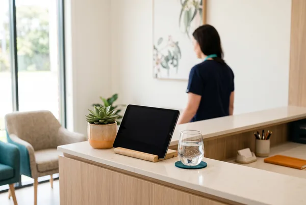 A clinician at a tidy front desk planning a week of social posts on a tablet