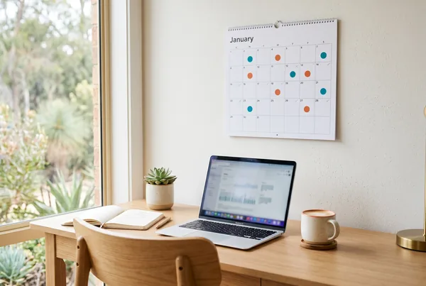 A small business owner planning a fortnight of posts on a wall calendar beside a laptop