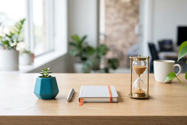 A small business owner weighing up options at a desk with a laptop, notebook and coffee