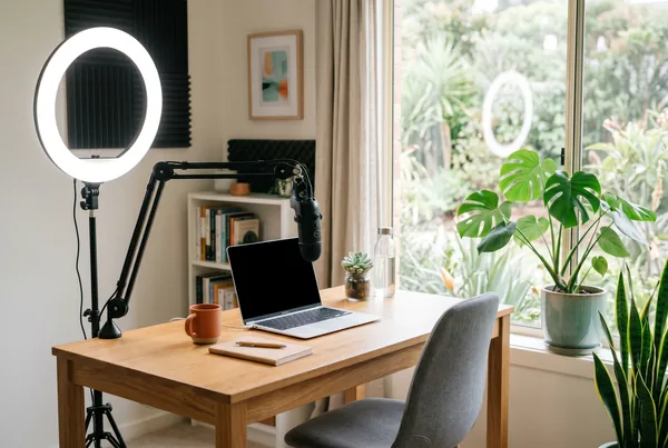 Solo course creator at a desk with a month of scheduled posts on screen
