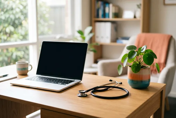 A calm, reassuring healthcare social media post on a phone screen demonstrating compliant patient-friendly content