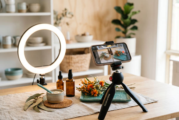 A set of product photos being assembled into a short vertical promo video on screen