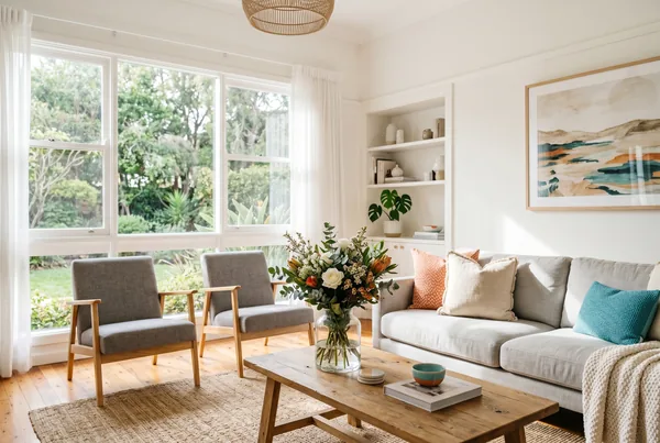A real estate agent filming a short walkthrough video of a styled living room on a phone