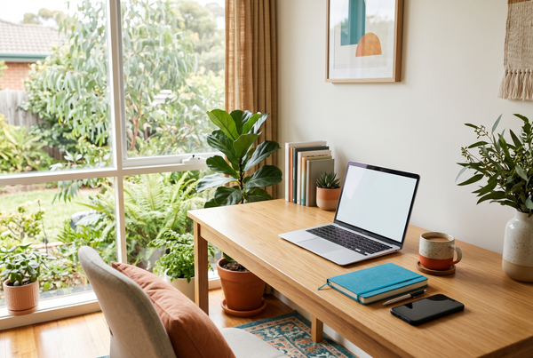 A solopreneur working at a small desk with a laptop and coffee, planning a week of social posts