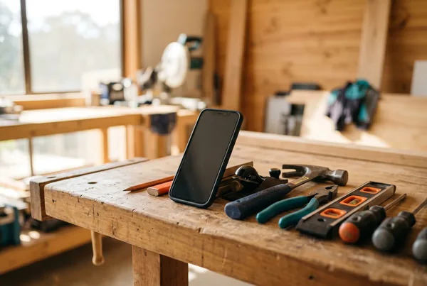 An electrician photographing a freshly completed switchboard on a phone at a job site